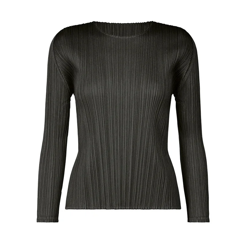 ISSEY Basic Classic Style Ruffled Round-neck Solid Color Slim-Fitting Long-Sleeved Shirt T-Shirt