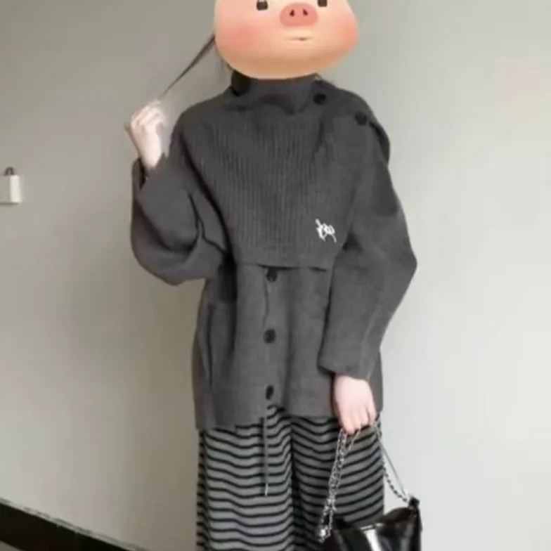 Conjunto de dos piezas de suéter y punzón de punto con cuello alto para mujer, conjunto coreano Sle de diseño Irregular para principios de otoño