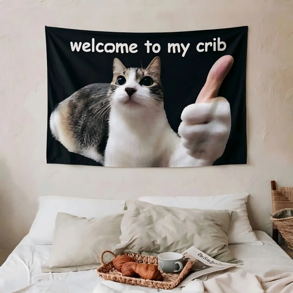 Welcome To My Crib Funny Cat Tapestry, Wall Hanging for Bedroom Living Room Gaming Room Dorm Decor, Cute Cat Wall Art Birthday