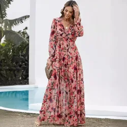 Elegant Floral Print Women Dress Spring Summer Casual Ruffle Layered Long Sleeved Chiffon A Line Long Maxi Dress Party Vestidos