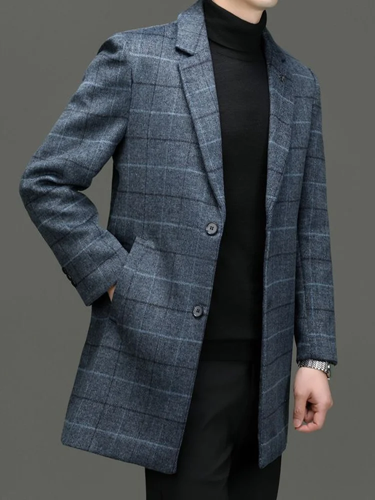 

Men's Woolen Coat Spring Autumn Plaid Casual High End Outerwear Mid-Length Faionable Busin Casual Sle Warmth Insulation