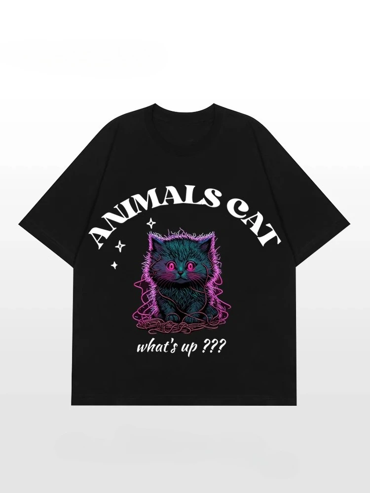 الصيف تصميم الأزياء الجديدة Cyberpunk هريرة طباعة الأمريكية قصيرة الأكمام المتخصصة الرجعية فضفاضة قصيرة الأكمام الاتجاه تي شيرت غير رسمي