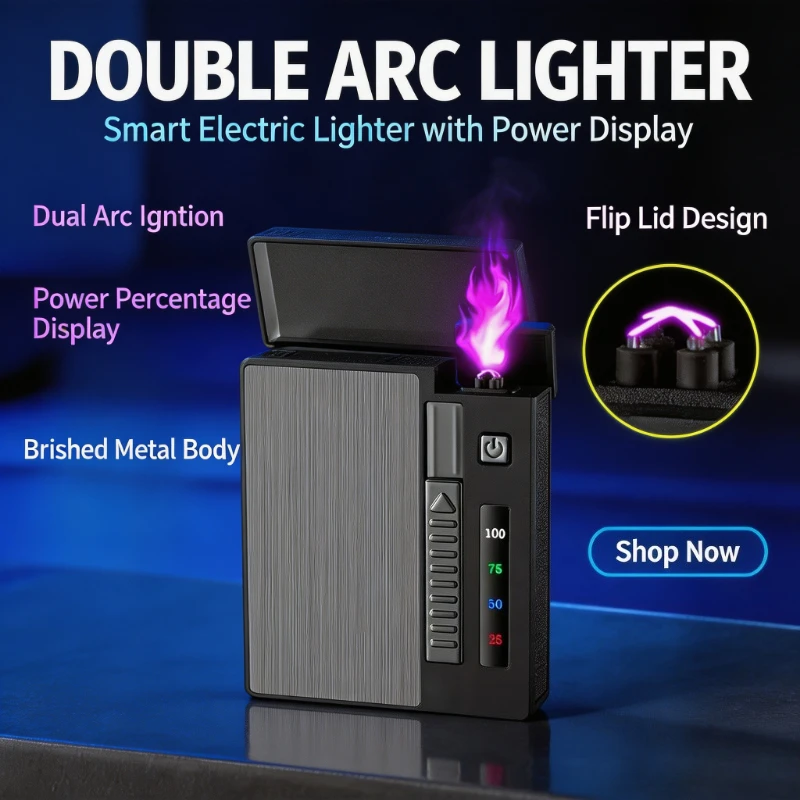 Rechargeable Windproof Double Arc Lighter Cigarette Case, Metal Shell, Stores 10‑20 PCS Cigarettes, Cool Present for Men