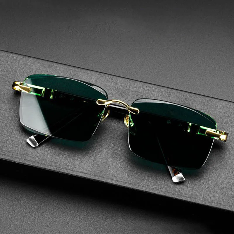 Glass Sunglasses Male Rimless Sun Glasses for Men Women Natural Stone Crystal Green Lens Glasses High Quality Eyewear Vintage