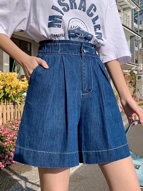 

High Waist Wide Leg ort Jeans Women's Faion Summer New All-Match Loose Fit Slimming Straight Cut Five-Quarter Pants