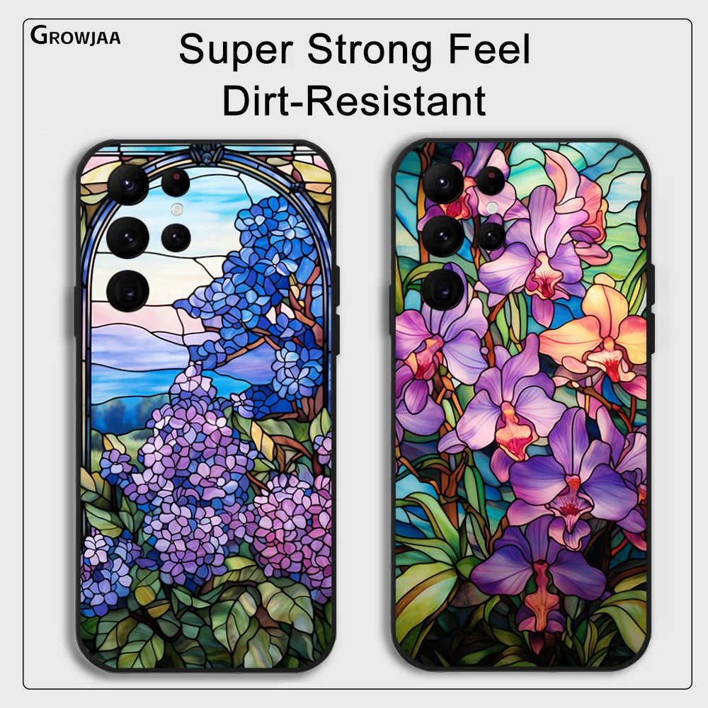 Stained Glass Purple Flowers Phone Case for Samsung Galaxy S24 Ultra S22 S23 Ultra S21 S20 5G Protective Silicone TPU Funda image 2