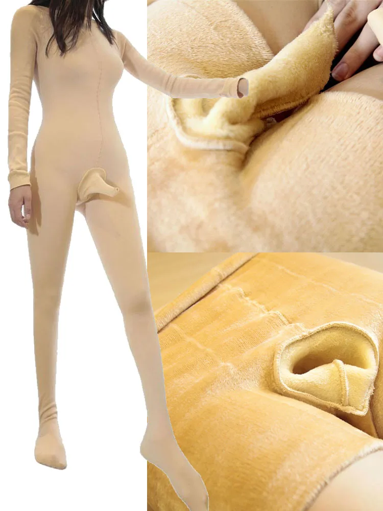 

Unisex Fleece Winter Bodystocking Penis Sheath Close Open Crotch Bodysuit Tights Thermal Inner Underwear Pyjamas Leotard Unitard