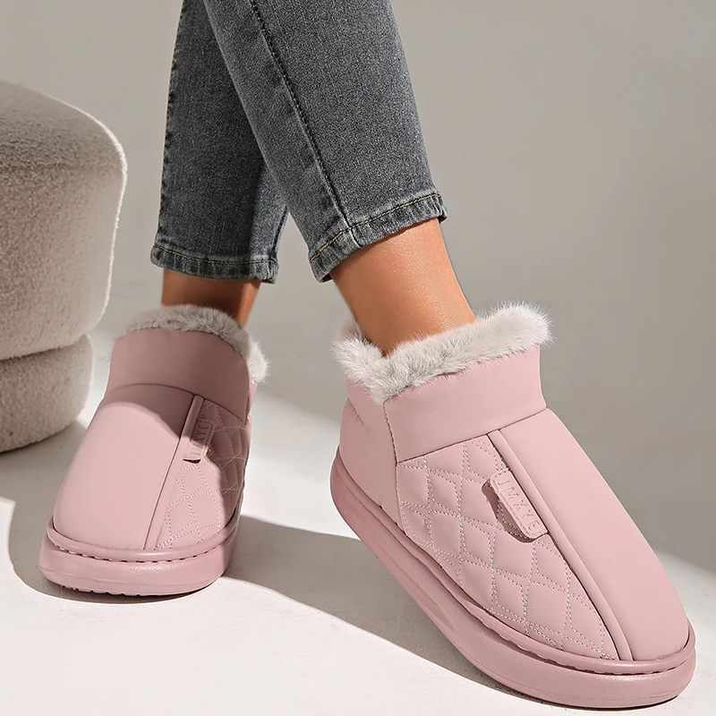 Bottes de rinçage courtes en peluche pour femmes, bottes de neige à plateforme optique douce, cuir PU simple, chaussures en coton, rose géométrique, chaud, hiver