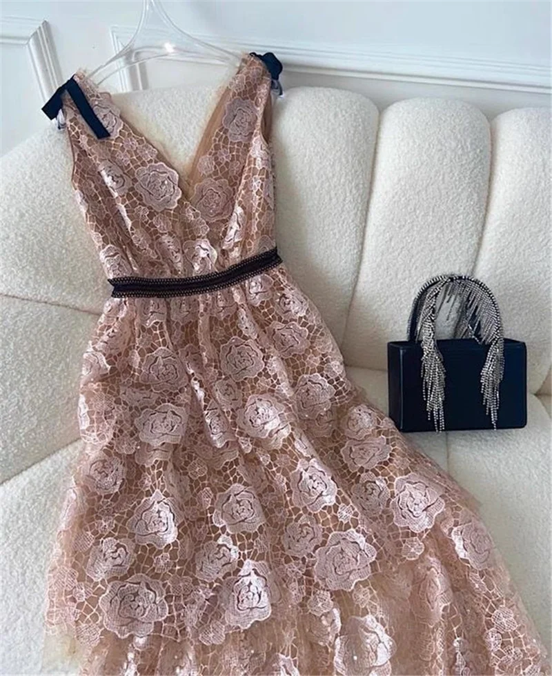 2022 Summer Pink Women Lace Gauze Dress Mesh Tulle V Neck Bow Tie Rose Embroidery Midi Long Sequin Dress Evening Robe Quality