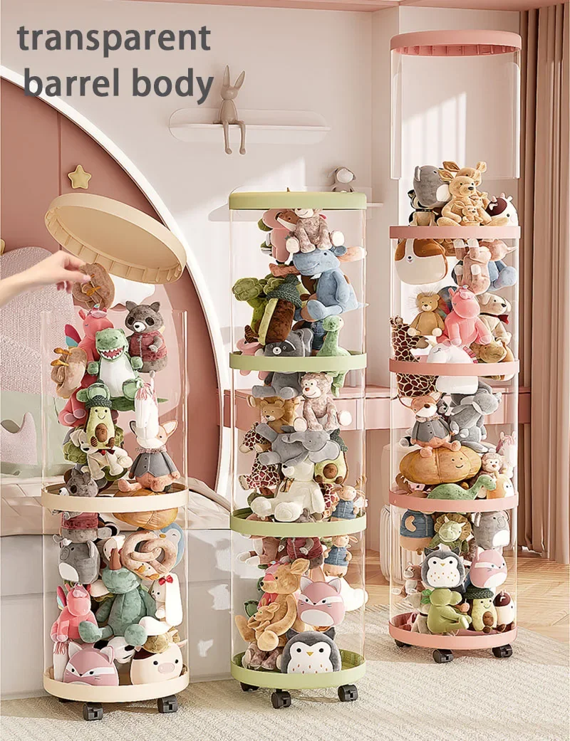 Plush Bucket Children\'s Toy Box Doll Storage Container Cylinder Transparent Moistureproof Storage Tube Organizer With Wheels