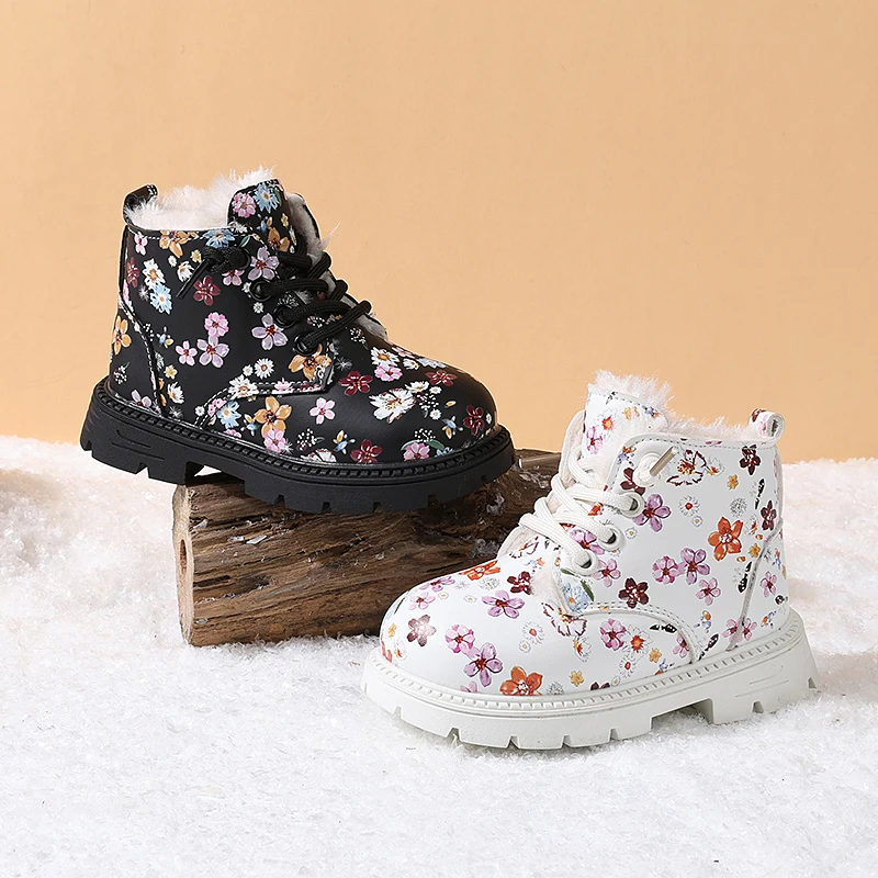 2025 New Winter Children Snow Boots Leather Flower Warm Plush Toddler Kids Shoes Non-slip Fashion Girls Boots EU 23-31