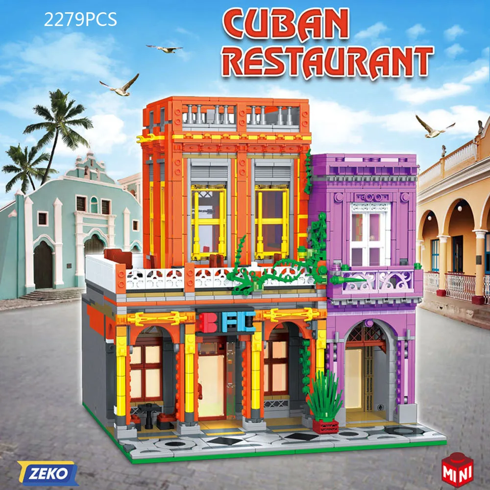 City Street View Architecture Mini Block Streetscape Cuba Restaurant Model Build Brick Figure Assemble Toy Collection With Light