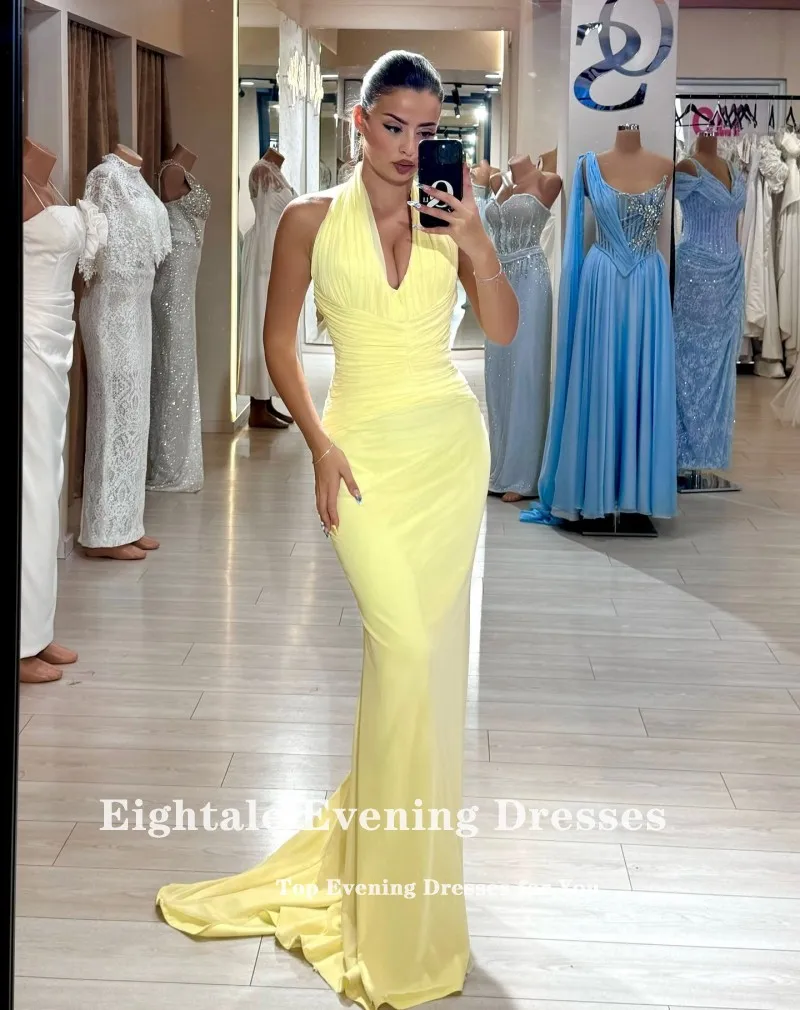 Eightale Arabic Evening Dresses for Wedding Party Halter Pleats Customized Chiffon Yellow Cap Sleeves Mermaid Muslim Prom Gowns
