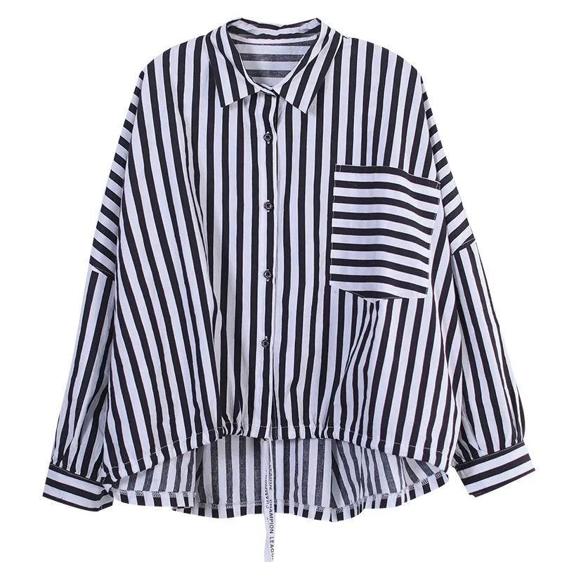 2023 Spring New Arts Style Women Long Sleeve Loose Turn-down Collar Shirt Single Pocket Casual Stripe Blouse female Tops P387