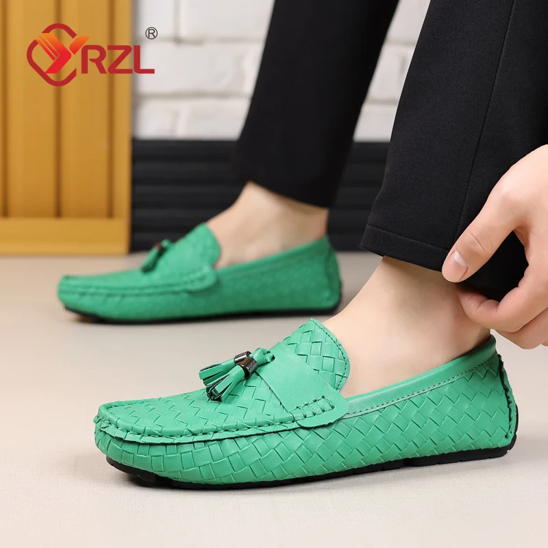 YRZL Green Loafers Men Handmade Leather Loafers Shoes Slip on Casual Driving Flats Comfortable Moccasins Big Size 48 Men Shoes