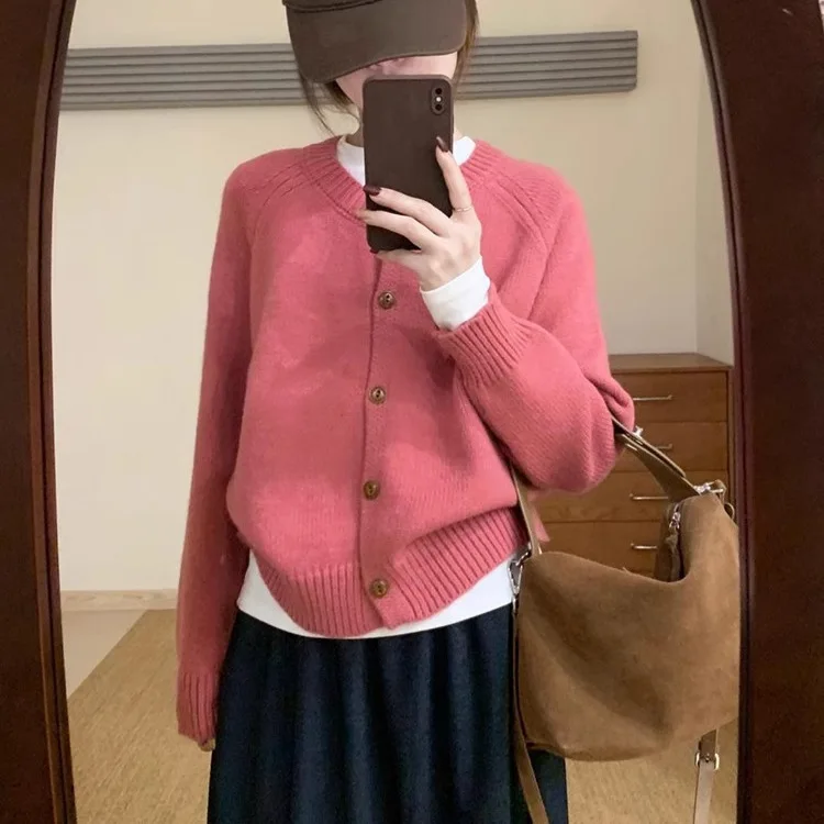 Design Sense: Solid Color, Simple Round Neck Knitted Cardigan for Women in Autumn and Winter, Lazy Style, Loose and Soft Texture 4