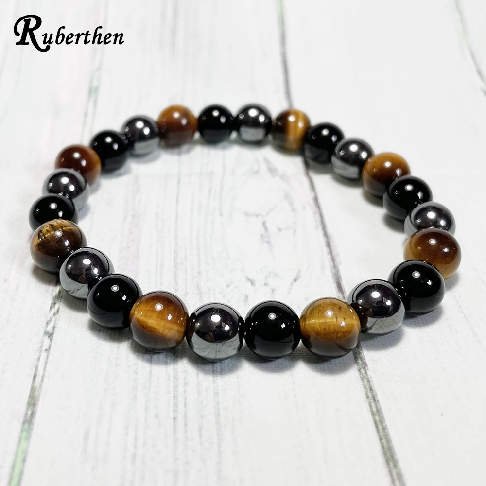 Ruberthen 8 MM Tiger Eye Black Tourmaline Hematite Mix Bracelet Mens Natural Gemstone Handmade Wrist Mala