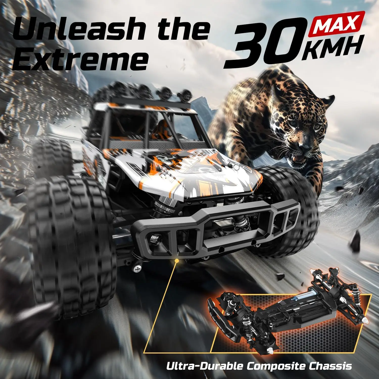 Car for Adults & Boys, 30KM/H Speed 4X4 Hobby RC Monster Truck with Lights, 2 Rechargeable Batteries