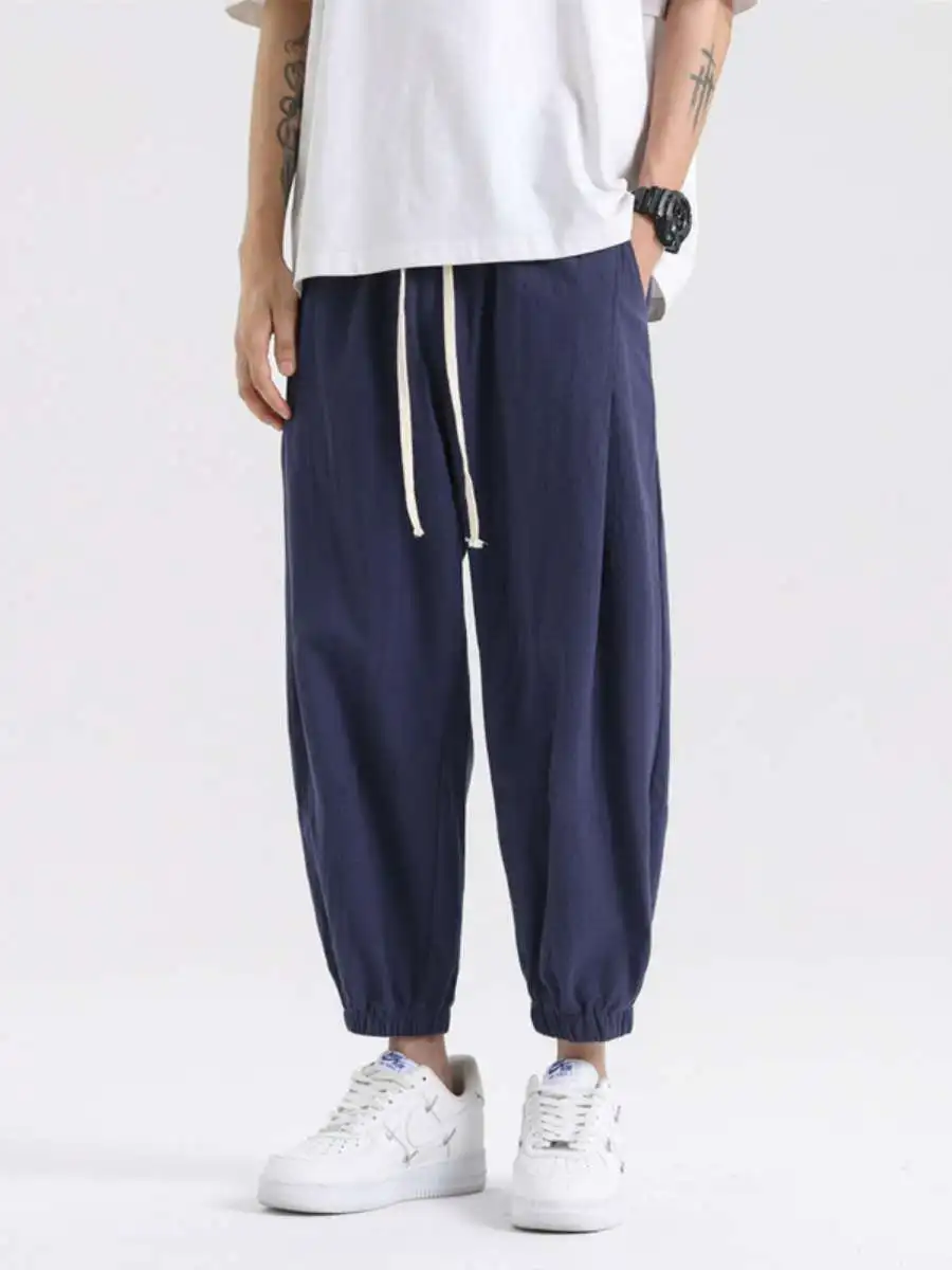 New Summer Men's Casual Pants Nine Points Cuffed Pure Color Simple Retro Teenagers Spring Leisure Trousers Straight Leg Thi...