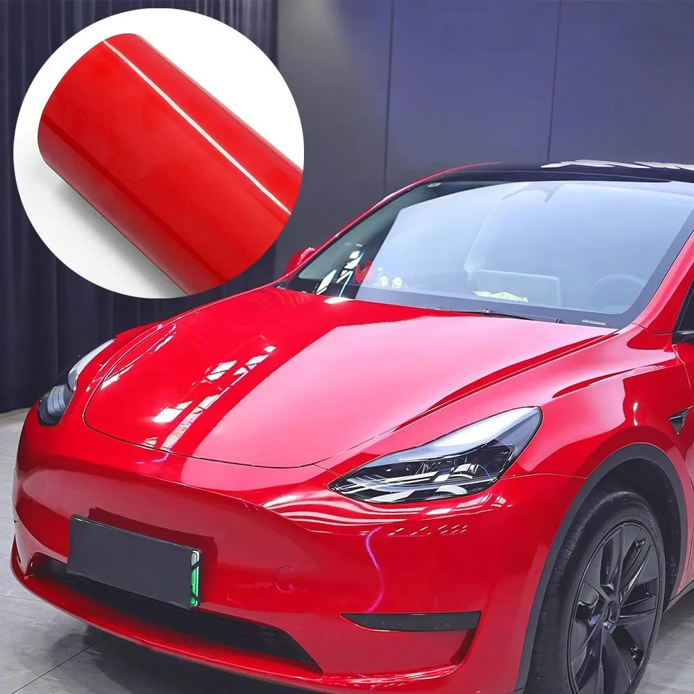 Adesivo de carro pet vermelho brilhante, filme de embrulho de carro, sem bolhas, filme de vinil, decalque automático, exterior do carro, acessórios in
