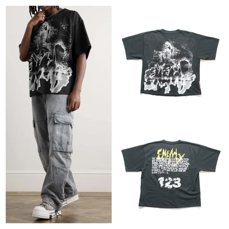 

High Street Hip Hop Vintage Washed Black White Tops T-Shirt Oversized Best Quality Pattern Print RRR123 Men Women T Shirt
