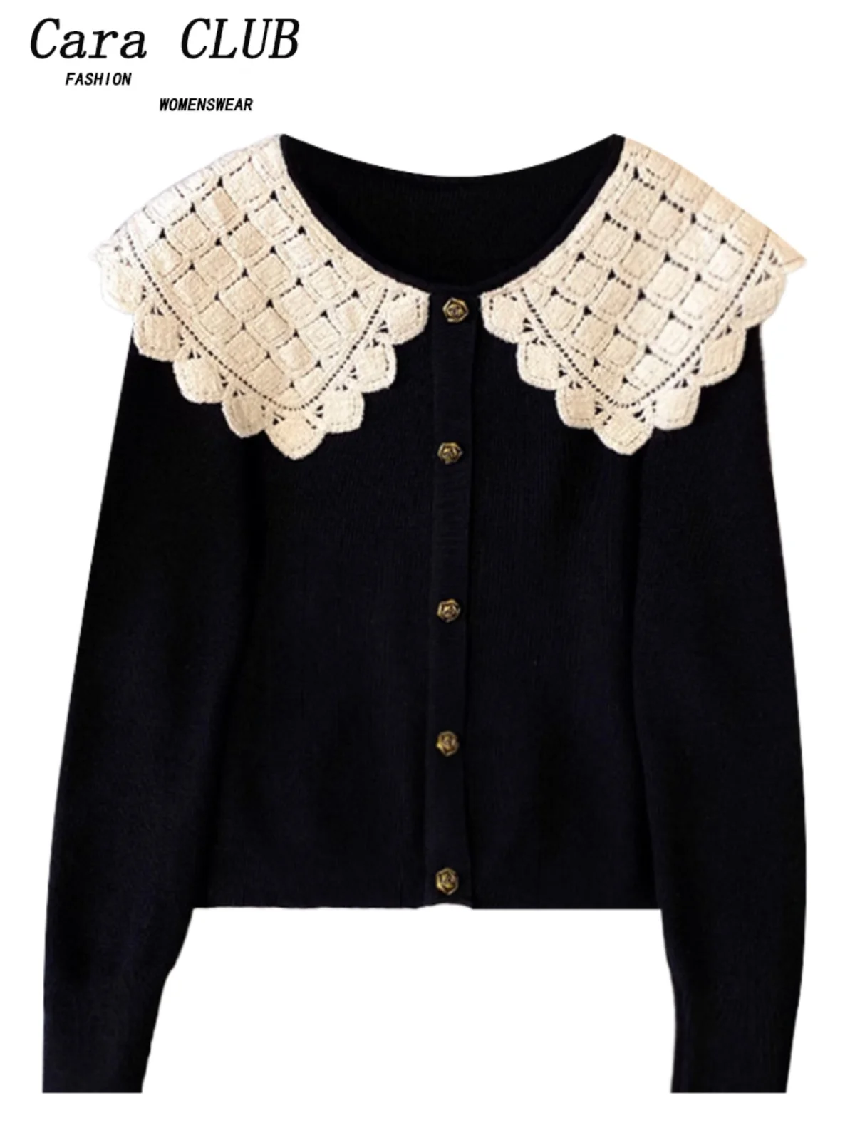 

Cara CLUB Large Size Doll Collar Retro Knitted Open Cardigan Women's Spring New Sle Fat Sister Long Sve Top