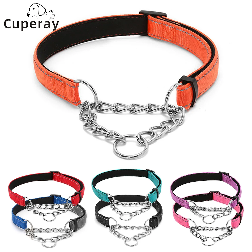Cadena de acero inoxidable Collar Martingale - Cadena de acero inoxidable Collar de tela de nylon reflectante para mascotaspara perros pequeños, medianos y grandes