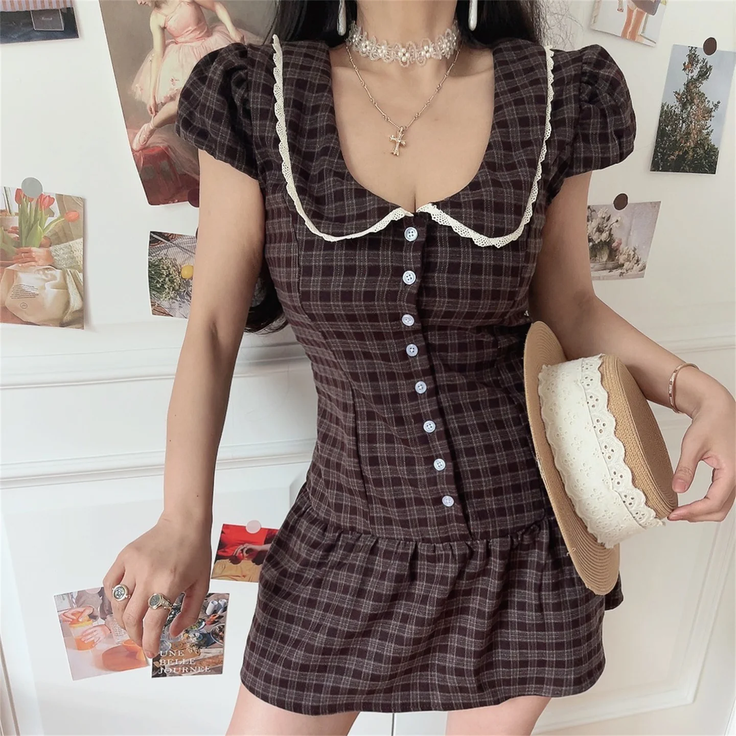 

Chenopod French Style Plaid Bubble Sleeve Shirtwaist Short Dress Women's Fashion Casual A-Line Skirt Polyester Fabric