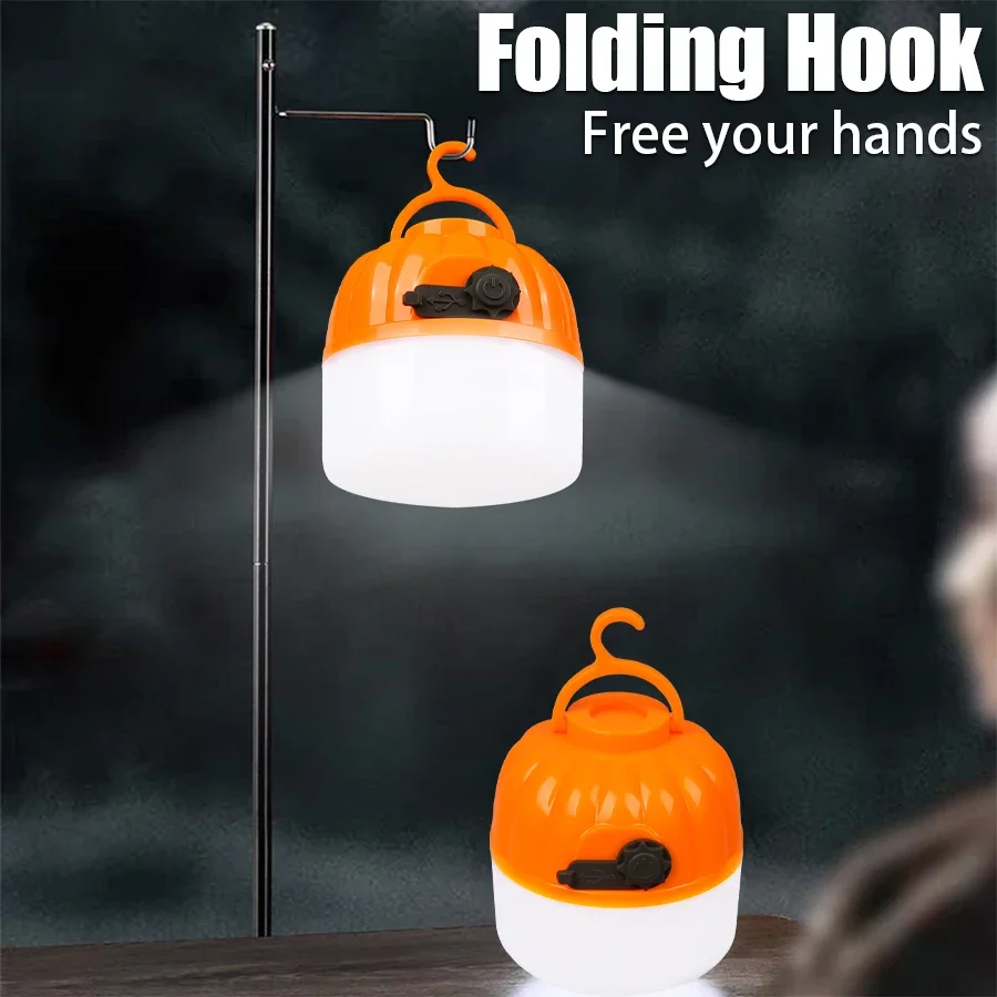 Mini LED Camping Pumpkin Light Type-C Rechargeable Lantern Protable Tent Light with Hook 4 Modes Emergency Floodlight Torch