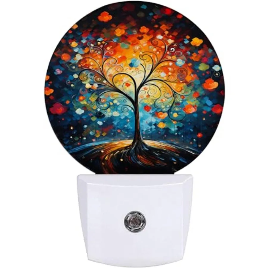 Abstract Colorful Trees Night Light, Paintings Nightlight Plug into Wall LED Lamp Auto Sensor Dusk to Dawn for Bedrooms/Kitchen