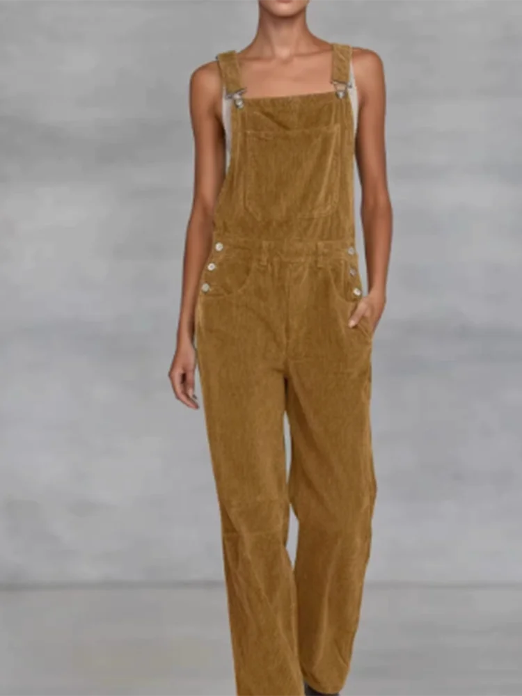 

Элегантные женские комбинезоны с карманами для поездок на работу, осень-зима, новый комбинезон с высокой талией и широкими штанинами, женские модные однотонные вельветовые комбинезоны с лямкой на шее