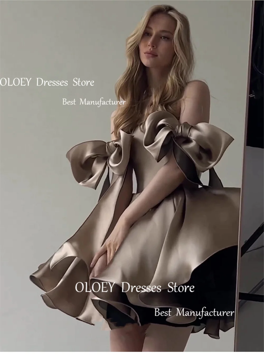 OLOEY 2024 Sexy Evening Dresses Lace-up Bow Sleeves Above Knee Solid Color Satin Prom Dress Photoshot High Waist Party Dress