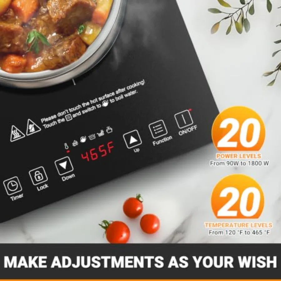 Portable induction cooktop for kitchen use, black tempered glass, 20 temperature and power levels, 1800W fast heating