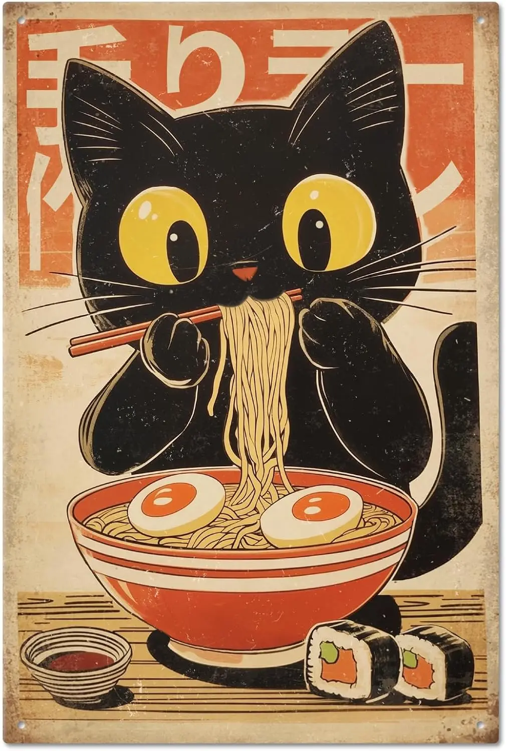 GLOBLELAND Cat Tin Sign Japanese Ramen Metal Tin Sign Metal Vintage Sign 12×8inch Funny Wall Decor Tin Signs for Home Farm  sign
