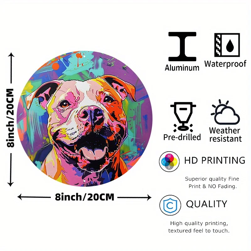 Colorful Pop Art Pit Bull Portrait Round Metal Sign, 2D Flat Printed Vibrant Graffiti Style Dog Art Tin Plaque, Bold and Bright