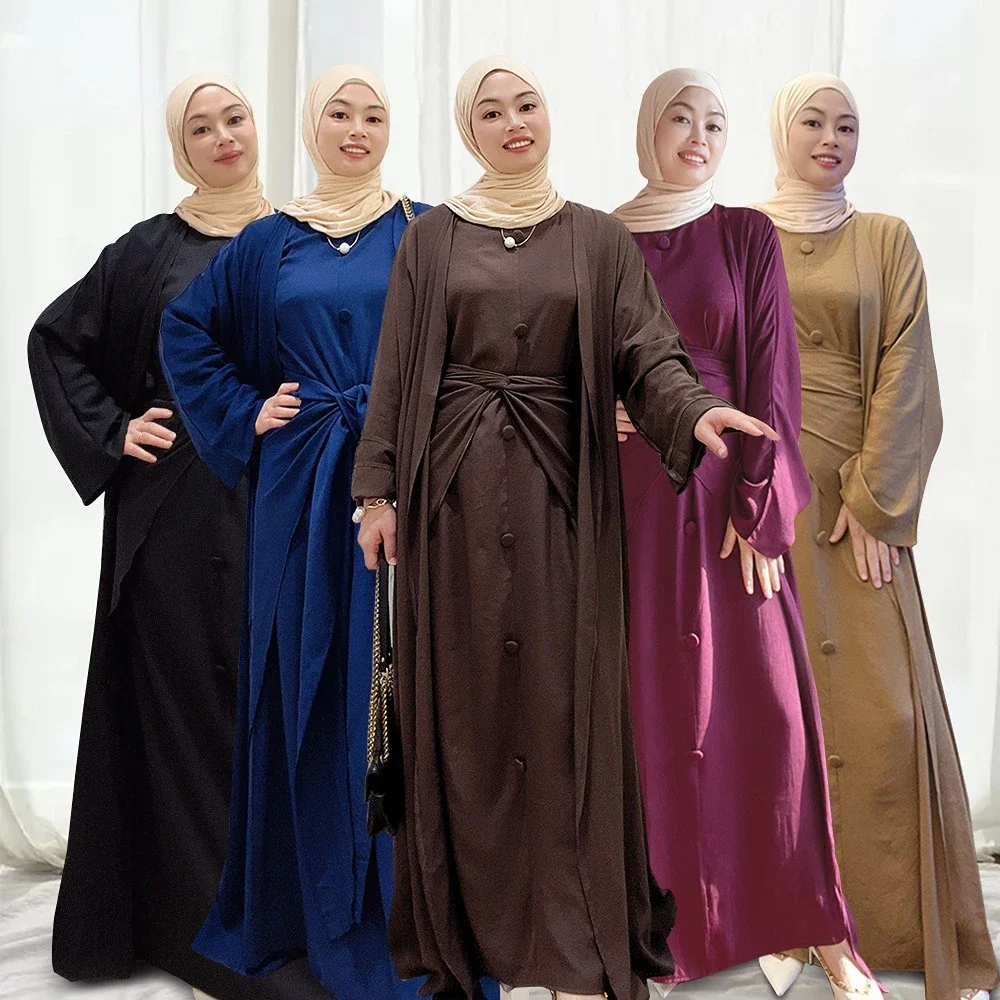 2023 Muslim Sets Turkey Dubai Solid Color Three-piece Set Abaya Femme Islamic Modest Clothing Femme Musulman 3 Pieces