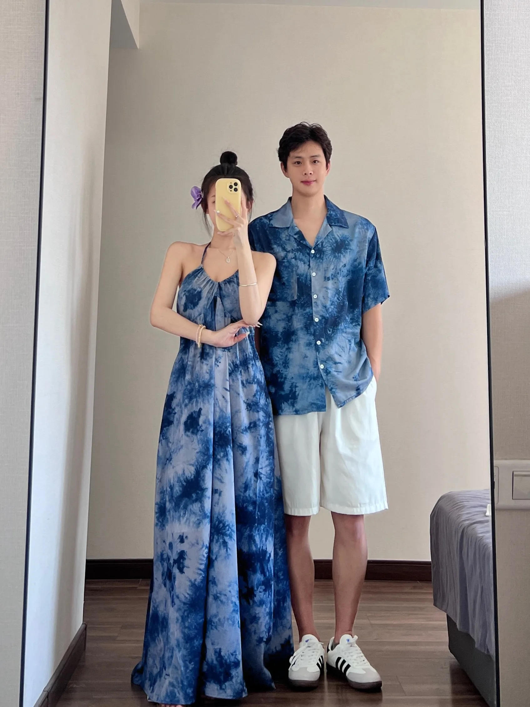 Couples Summer Blue Tie Dye Halter Dress Vacation Short Sleeve Shirt One Skirt One Dress Loose Waist Cotton Polyester Blend