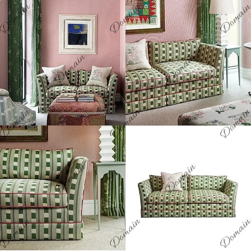 BJ French Retro Double Triple Sofa Straight Row Sofa American Fabric Green Plaid Sofa Disassembly And Washing