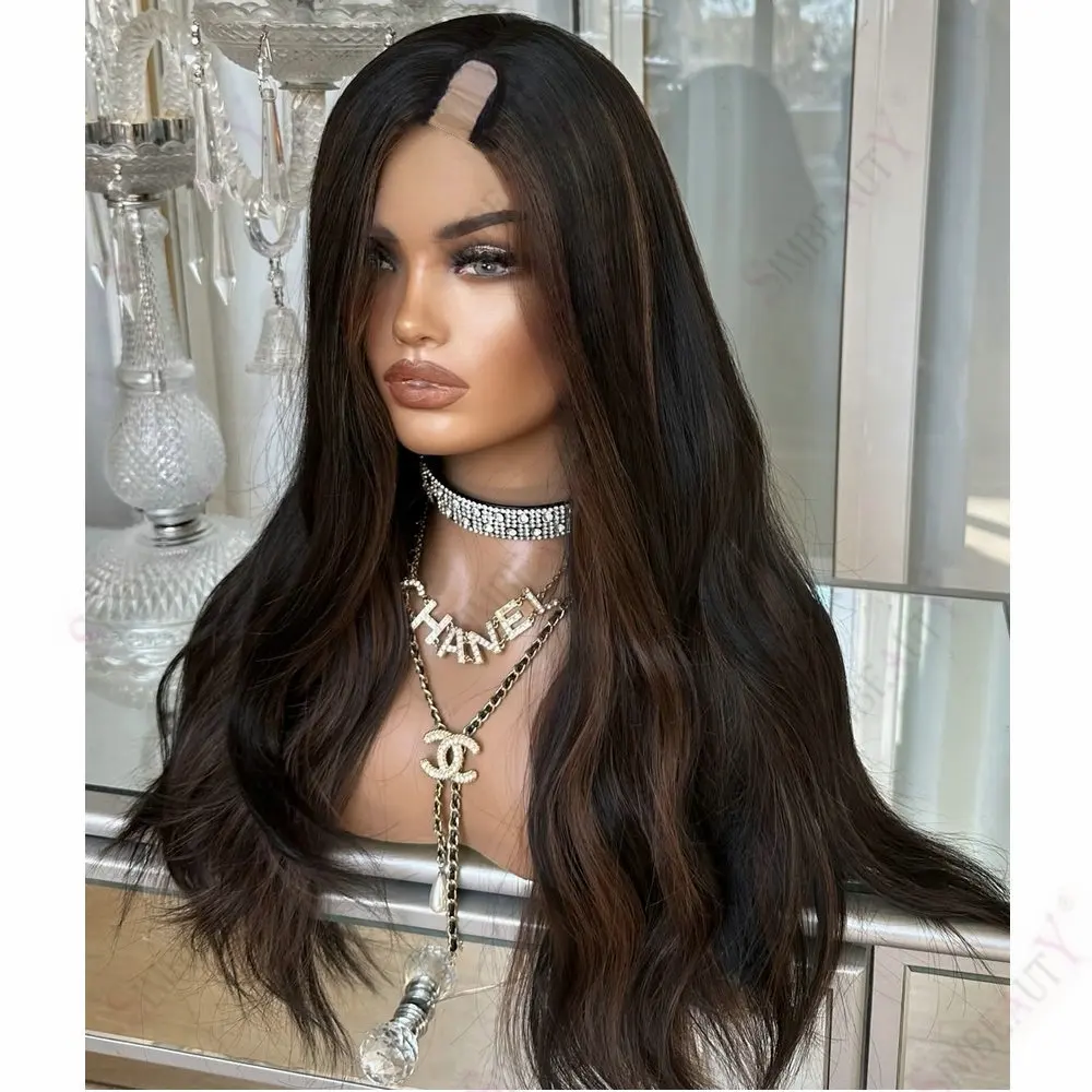 

Long Natural Wavy Brown Hightlight 1x4 Size U Part Wigs 100% Remy Human Hair for Black Women Glueless 200Density V Part Wigs