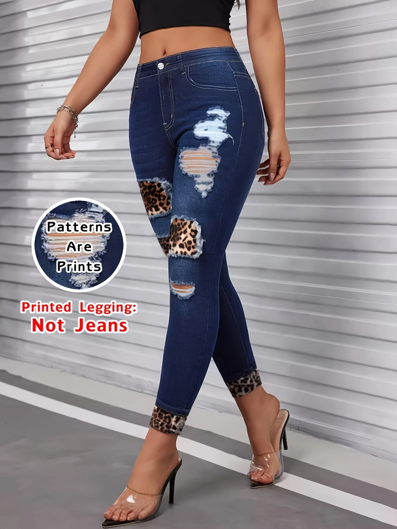 Fashion Women's Faux Denim Printed Skinny Pants, High-Elastic Seamless Leggings With Fake Pockets, Full-Length Sports Leggings