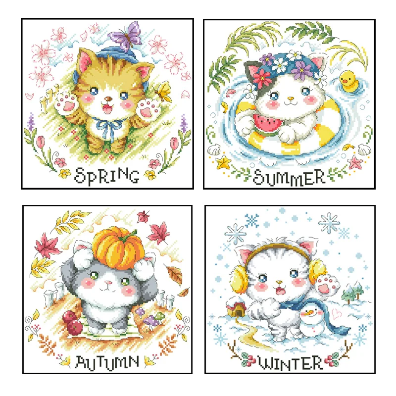 Four Seasons Kittens Counted Cross Stitch Patterns Kits Printed Canvas Embroidery Needlework Sets 11CT 14CT DIY Crafts Paintings