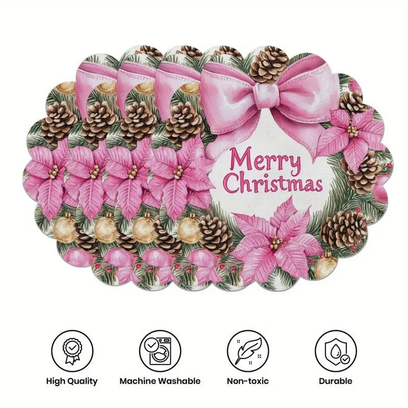 Deep Green Base Pine Wreath Christmas Lace Placemat, Wear-Resistant Plate Mat, Home Dining Table Decoration Placemat