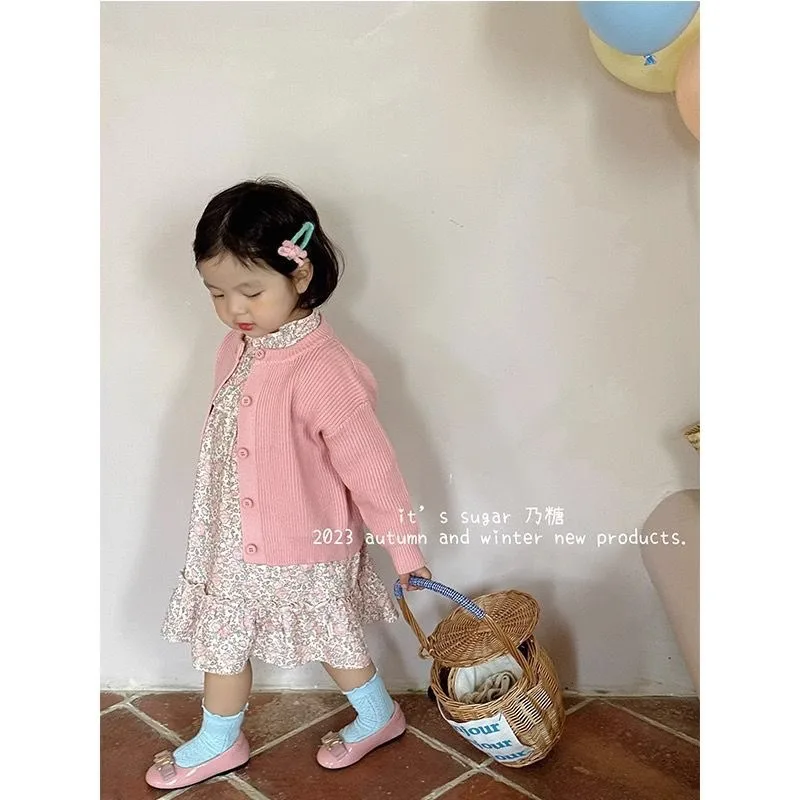 Spring 2025 Children Baby Girls 2PCS Clothes Set Cotton Floral Long Sleeve Dress Solid Sweater Coat Suit Toddler Girl Outfit