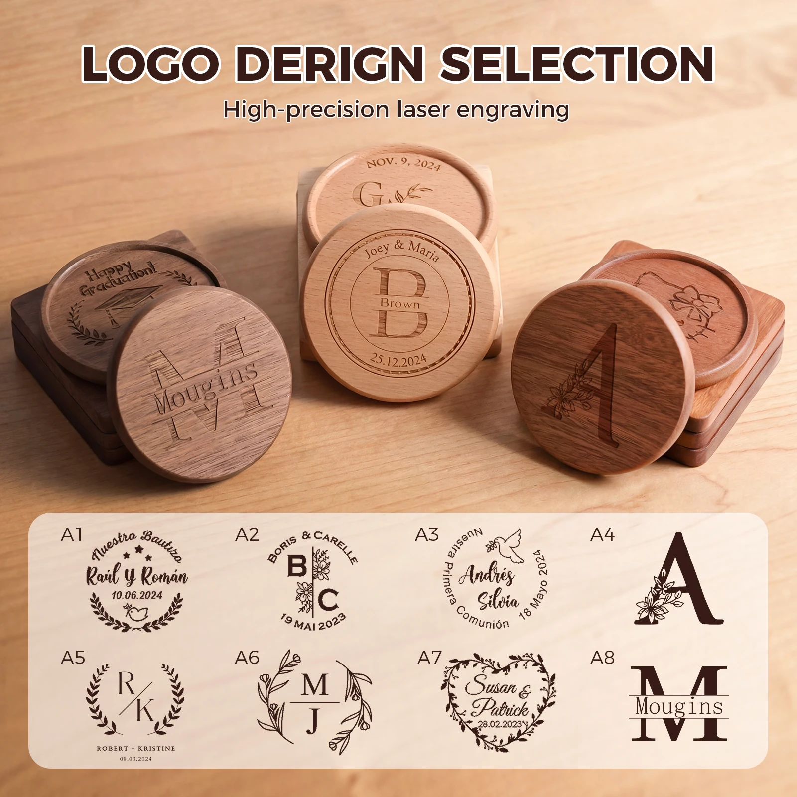 Coaster Gift 2PCS Free Personalized Engraved Wooden Coasters with Groove Custom Made for Wedding Gift Couple Anniversary Gifts