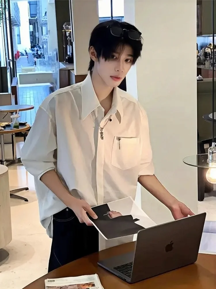 

Мужская повседневная длинная рубашка-поло для молодежи, стильная внутренняя одежда, верхняя одежда, многослойный образ, премиальное качество, школьная белая рубашка-поло