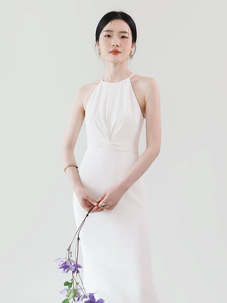 

Elegant High-Waisted White Gown with Neck Hanging Design And Waist Knot for Women Long Tail Fish Tailed Dress for Wedding And...
