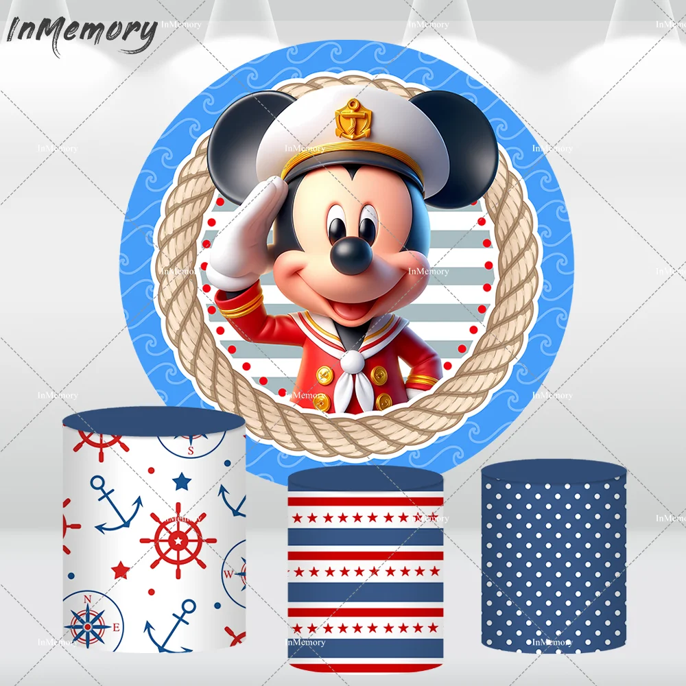 Nautical Sailor Boy Birthday Round Backdrop Cover Cartoon Mickey Mouse Baby Shower Party Circle Background Photography Props