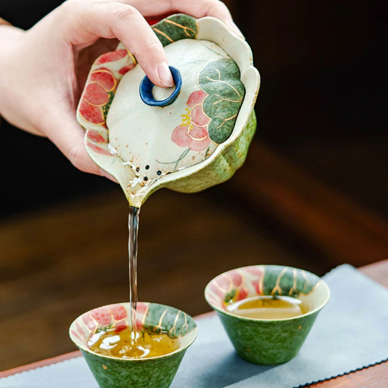 Hand Painted Koi Playing With Lotus Travel Tea Set Kit Antique 1 Pot 3 Cups Tea Maker Organizer Portable Camping Handbag Craft