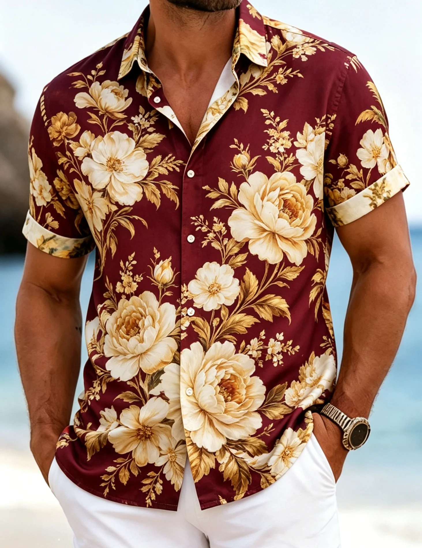 

Men's Vintage Large Flower Print Shirt, Elegant Botanical Style for Summer Holiday, Beach Trips, Daily Outings & Casual Wear