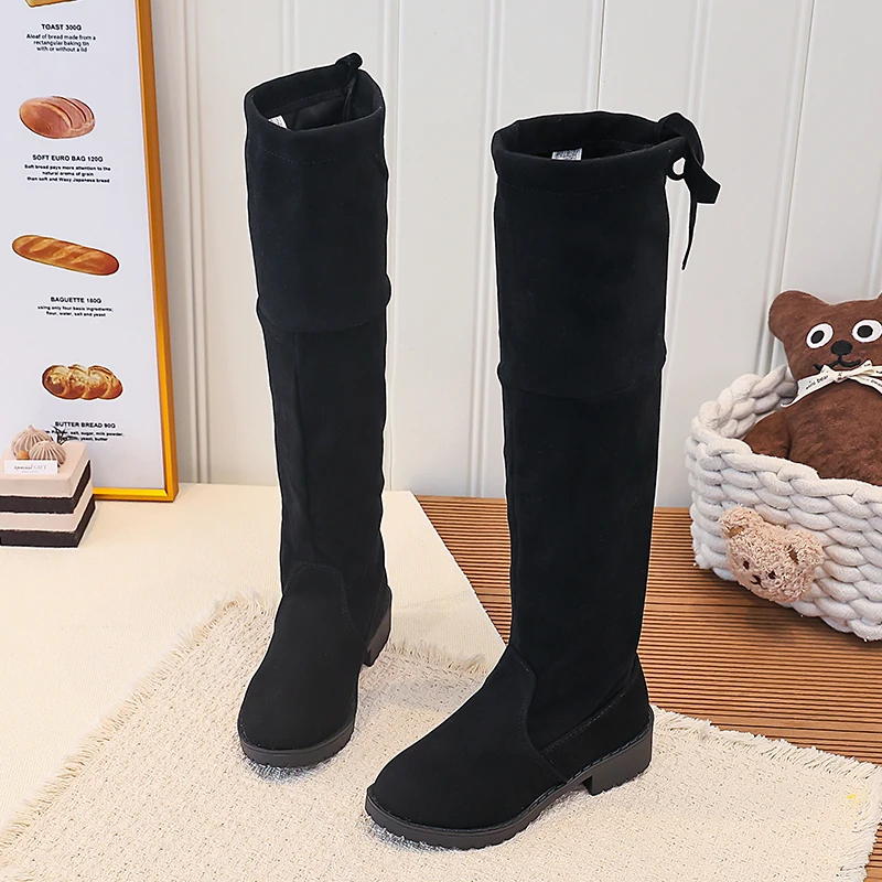New Arrival Girls Suede Tall Knee High Boots Ribbon Bow Low Block Heel Non-slip Boots Footwear for Daily Street Autumn Winter